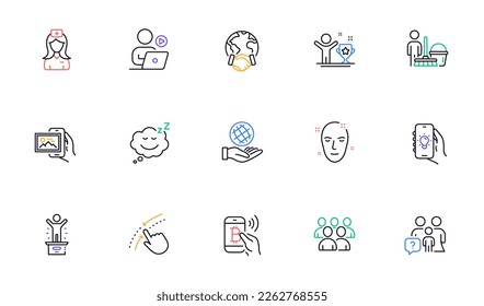 Family questions, Bitcoin pay and Video conference line icons for website, printing. Collection of Swipe up, Cleaning, Image album icons. Hospital nurse, Group, Winner cup web elements. Vector