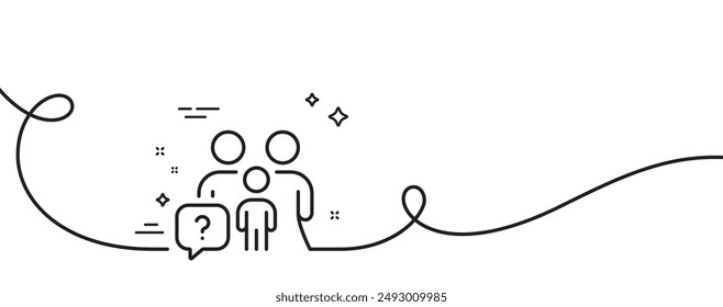 Family questions line icon. Continuous one line with curl. Question mark sign. People insurance symbol. Family questions single outline ribbon. Loop curve pattern. Vector