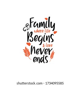 Family quote lettering typography. Family where life begins and love never ends