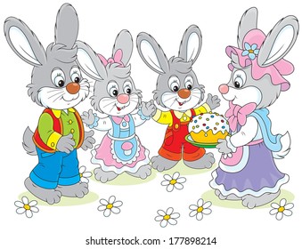 Family of rabbits celebrating Easter with a holiday cake