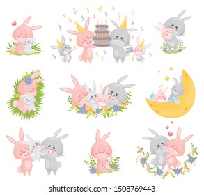 Family of rabbits in different situations. Vector illustration on a white background.