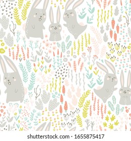 Family Rabbits hares in flowers and herbs. Vector seamless pattern. Cute animals in hand drawn scandinavian style. Childish cartoon in pastel colors. Ideal for packaging, textiles, fabrics, clothes.