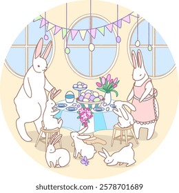 A Family of Rabbits - Mom, Dad, and Kids Gather to Celebrate Easter. Family Celebration Concept. Handmade Illustration, Not AI