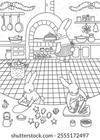 A family of rabbits is preparing a Christmas dinner. Cute animal cartoon characters in kitchen for New Year coloring book. Funny bunnies.