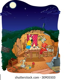 A family of rabbits is sitting  in a hole