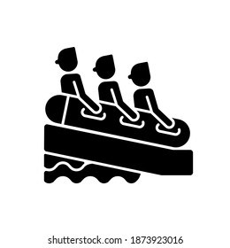 Family rafting black glyph icon. Group slide, water park attraction. Aquatic recreational activity silhouette symbol on white space. People riding waterslide together vector isolated illustration