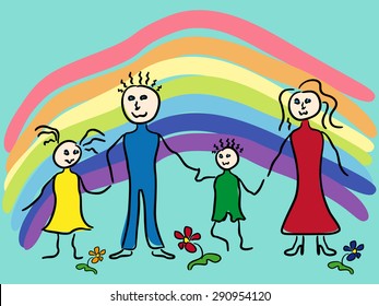 Family and rainbow on turquoise sky background, hand drawing vector illustration of as a children paint picture