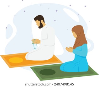 familia levantando sus manos en oración Concepto, Esposo y esposa Sentado en el vector de alfombra de oración Diseño, símbolo de Ramadán y Eid al-Fitr, signo islámico y musulmán de ayuno, vacaciones árabes de celebración