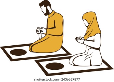 family raising their hands in prayer Concept, Husband and wife Sitting on Prayer Rug vector Design, Ramazan and Eid al-Fitr Symbol, Islamic and Muslims fasting Sign, Arabic holidays celebration stock