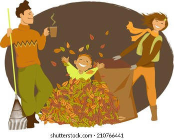 Family raking autumn leaves