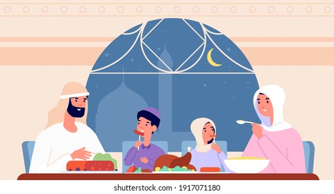 Family ramadan dinner. Arab eat, gathering at home for iftar party. Arabic parents and children, saudi meals at table utter vector illustration