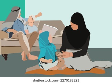 Family in Ramadan fasting illustration vector. Father, mother are playing with children while waiting for the time to break the fast