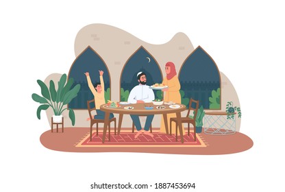 Family Ramadan Meal 2D Vector Web Banner, Poster. Traditional Iftar Food On Table. Parents And Child. Indian Flat Characters On Cartoon Background. Ramazan Printable Patch, Colorful Web Element