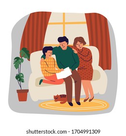 Family read book at home. Happy parents with children sitting on sofa. Mom, dad and son play board games. Happy family concept. Vector illustration in a flat cartoon style