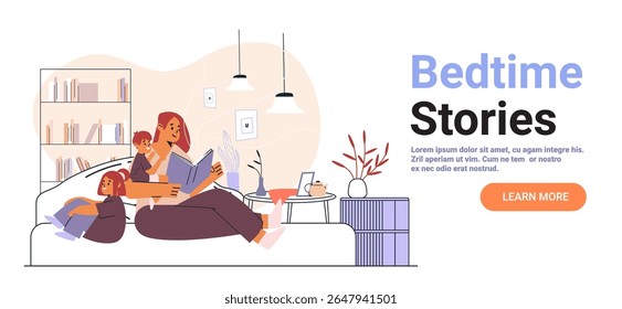 Family reading bedtime stories cozy home evening living room with bookshelves sofa children parent warm lighting plants modern decor website banner