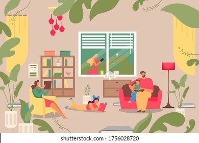 Family reading book at home, vector illustration. Cartoon woman man character together at house. Happy flat people in room, father and daughter at sofa, indoor leisure. Cozy room design.