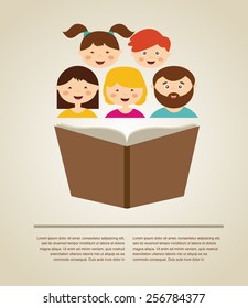 family reading a book. illustration with  place for your text