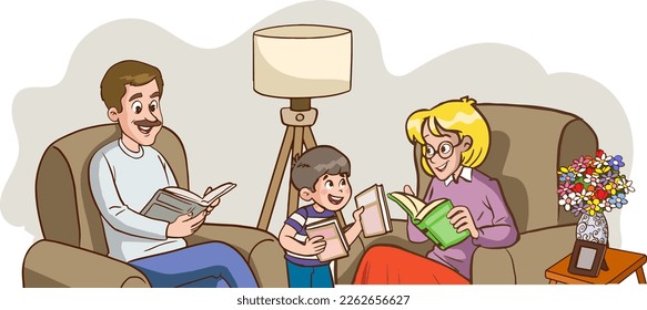 family reading book and kids  cartoon vector
