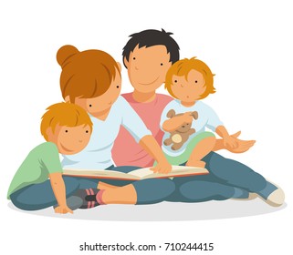 Family Reading a Book, Mother, Father and Children, Parenting, Flat Vector Illustration.
