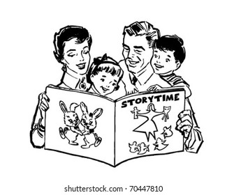 Family Reading Book - Retro Clipart Illustration
