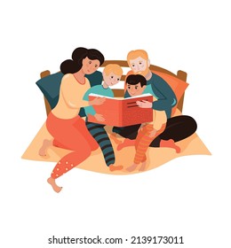 Family Reading Book Together.  Bedtime Story. The Concept Of Parenting. Mom, Dad, Sons. Vector Illustration