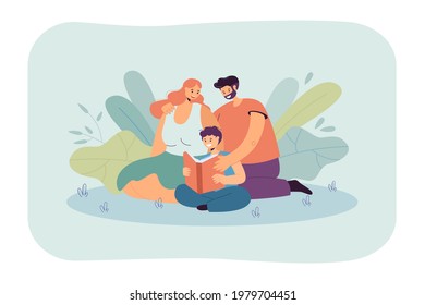 Family reading book together flat vector illustration. Father, mother and their son reading book. Parenthood, reading, hobby, family, literature concept for banner design or landing page