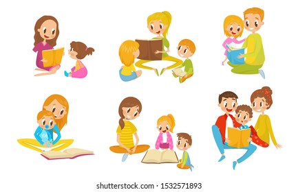 Family Reading Book Together. Parents With Thiir Kid Reading Fairy Tale Vector Illustrations Set