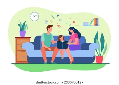 Family reading book together vector illustration. Parents teaching daughter to read, sitting on couch with fairy tales and having fun together at home. Family reunion, quality time, education concept