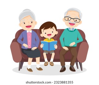 Family Reading a Book Together.Grandparent Father, mother and their child