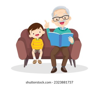 Family Reading a Book Together.Grandparent Father, mother and their child