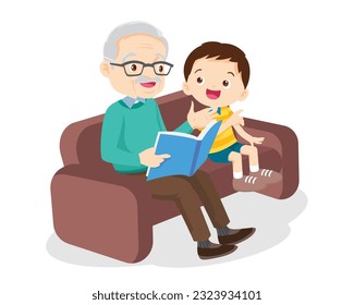 Family Reading a Book Together.Grandparent Father, mother and their child