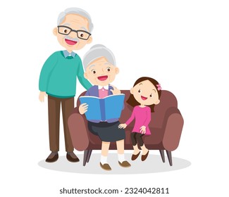 Family Reading a Book Together.Grandparent Father, mother and their child