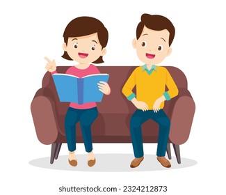 Family Reading a Book Together.Grandparent Father, mother and their child