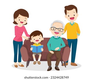 Family Reading a Book Together.Grandparent Father, mother and their child