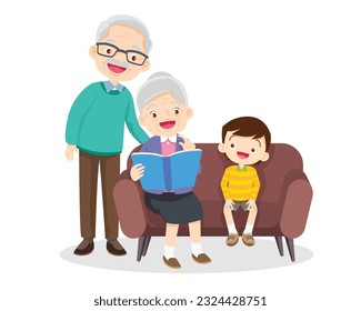 Family Reading a Book Together.Grandparent Father, mother and their child