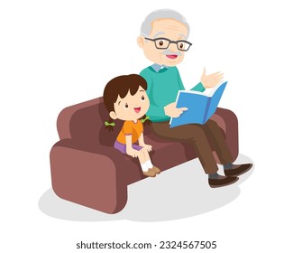 Family Reading a Book Together.Grandparent Father, mother and their child