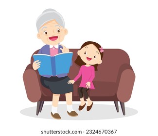 Family Reading a Book Together.Grandparent Father, mother and their child