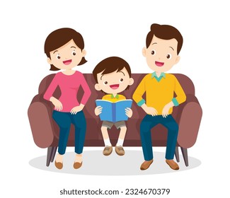 Family Reading a Book Together.Grandparent Father, mother and their child