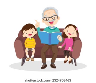 Family Reading a Book Together.Grandparent Father, mother and their child