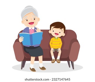 Family Reading a Book Together.Grandparent Father, mother and their child