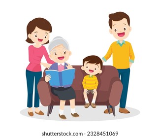 Family Reading a Book Together.Grandparent Father, mother and their child