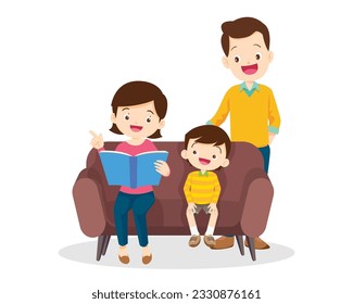 Family Reading a Book Together.Grandparent Father, mother and their child