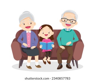 Family Reading a Book Together.Grandparent Father, mother and their child