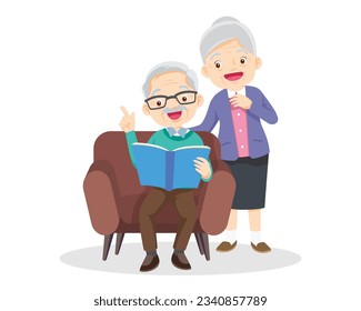 Family Reading a Book Together.Grandparent Father, mother and their child