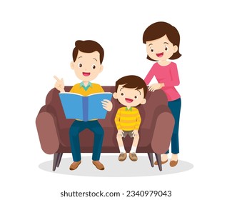 Family Reading a Book Together.Grandparent Father, mother and their child