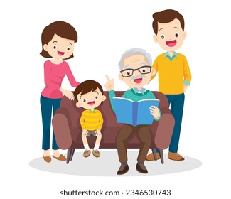 Family Reading a Book Together.Grandparent Father, mother and their child