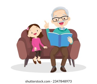 Family Reading a Book Together.Grandparent Father, mother and their child