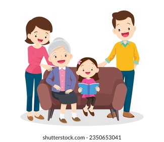 Family Reading a Book Together.Grandparent Father, mother and their child