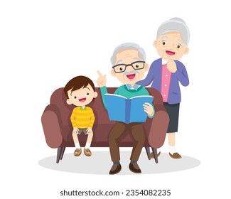 Family Reading a Book Together.Grandparent Father, mother and their child