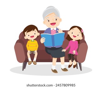 Family Reading a Book Together.Grandparent Father, mother and their child
